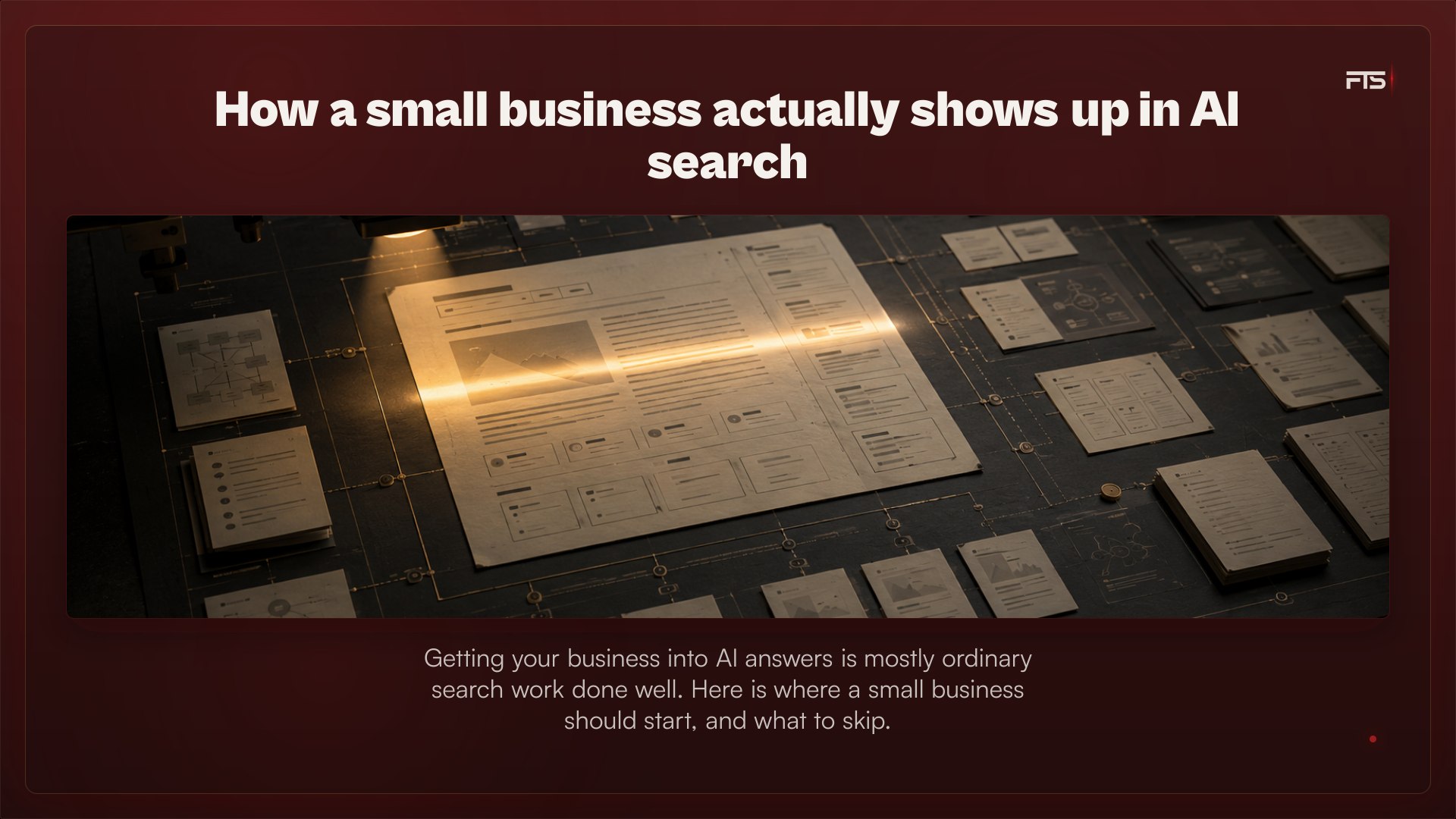 Abstract search interface showing a small business opportunity signal moving through an AI answer layer